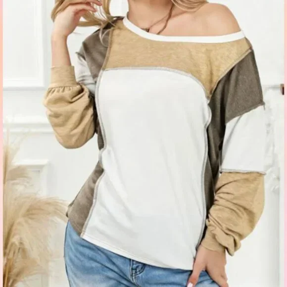 Military Green/Nude Exposed Seam Color Block Patchwork Top - Picture 3 of 5